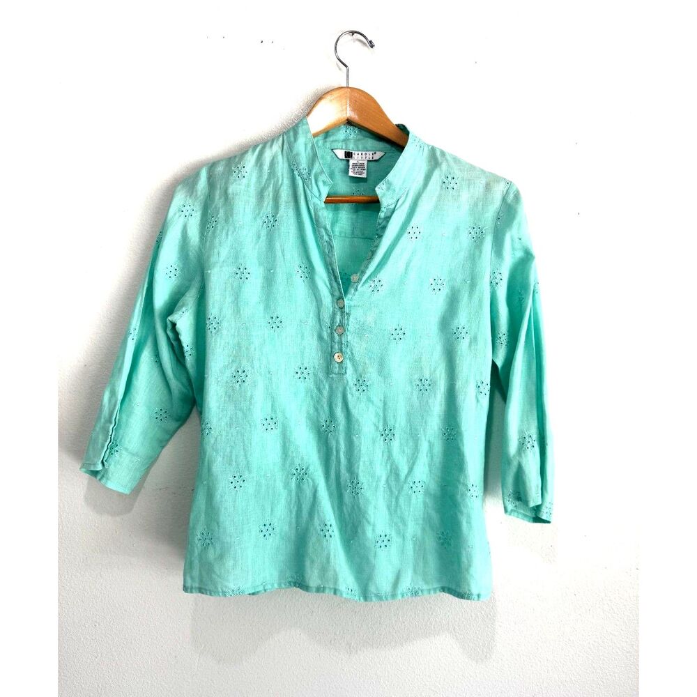 Carole Little 100% linen popover shirt floral embroidered all over summer womenL